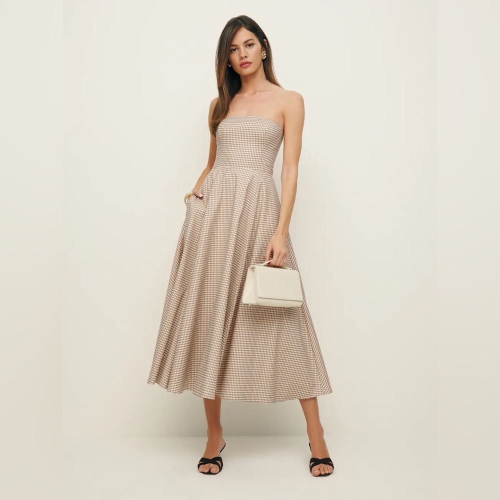 Reformation Anzo Check Gingham Strapless Astoria Dress. Size 0